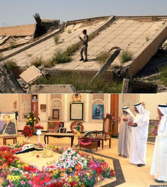 پرونده:قبر صدام پیش و پس از خرابی.jpg